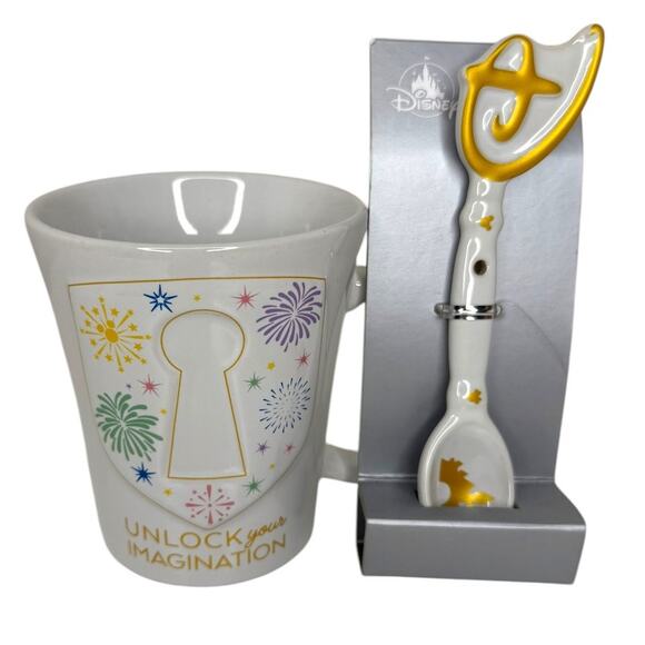 Disney Parks Unlock Your Imagination Key Coffee Mug and Spoon Bundle 2021 New - Picture 1 of 8